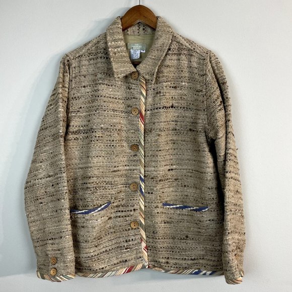 The Territory Ahead Jacket Women Medium Neutral Tan 100% Silk Textured Button Up - Picture 1 of 8